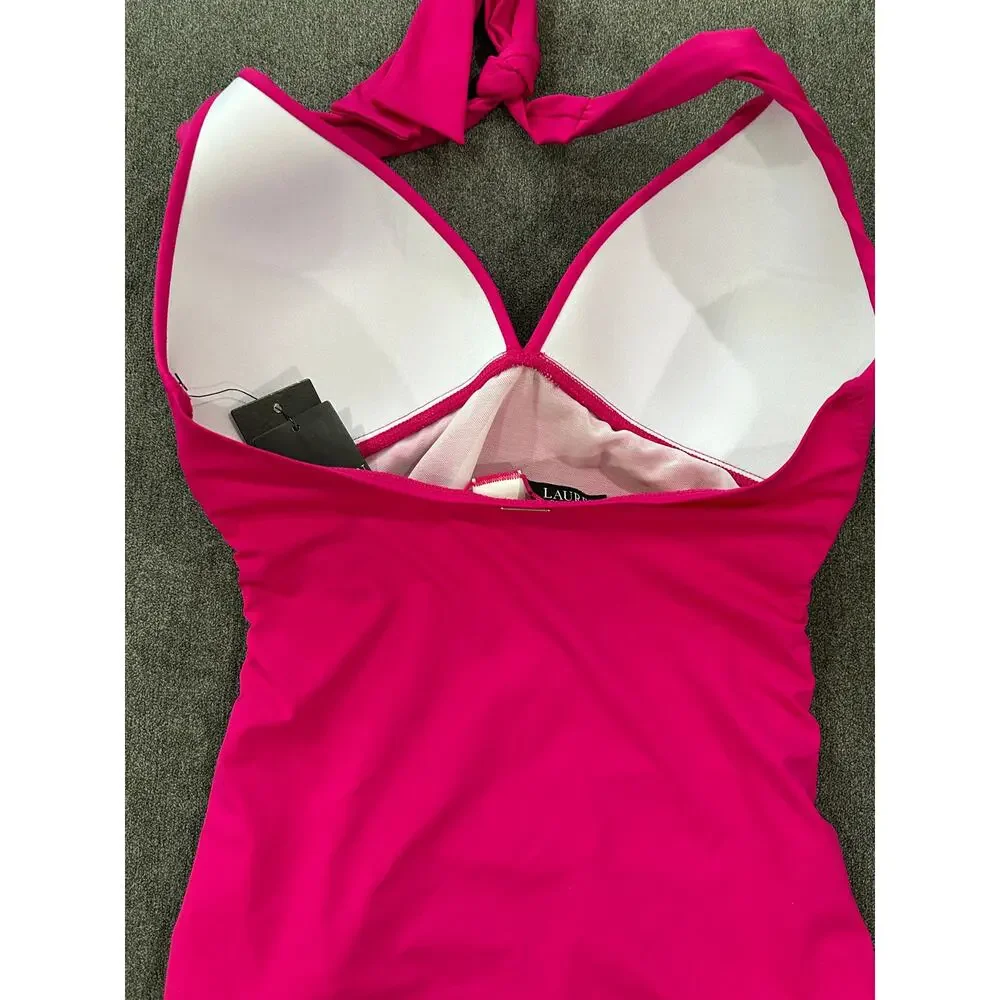 Ralph Lauren Beach Club Solid Molded Cup Halter Tankini Top Hot Pink Size 4 NWT